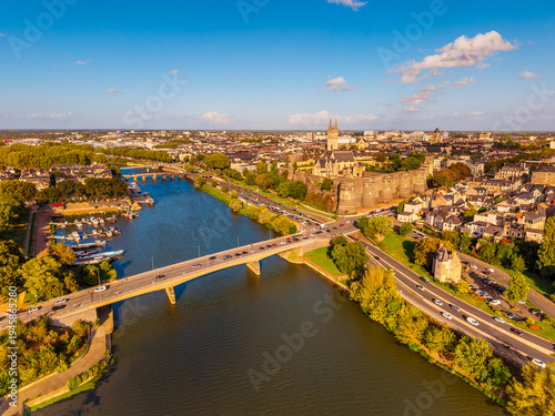 High angle Drone Point of View on Angers, Pays de la Loire, Western France on summer day. Angers lies about 300 km southwest of Paris and has about 155,000 inhabitants.