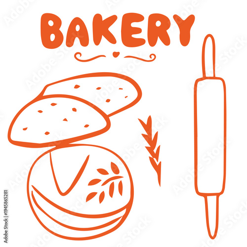 Bakery hand drawn doodle with bread loaf wheat rolling pin baking illustration