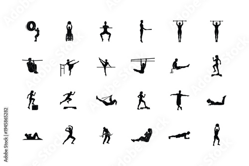 Unique Silhouette Collection of Pommel Horse, Yoga Poses, Karate Kicks, Push Ups, Boxing, and Kettlebell Training