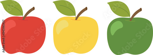 Set of  red,  yellow and green apples on the transparent background – fresh fruit collection with leaf flat vector Illustration. Healthy food. 