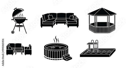 Backyard recreation icons featuring grilling lounging and water features silhouette