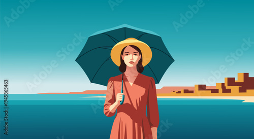 Vector illustration of a woman holding an umbrella under a clear sky with a scenic coastal landscape in the background