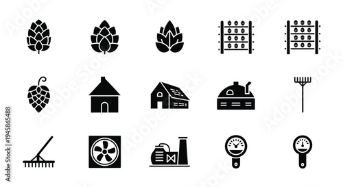 Black icons depicting hops buildings and farm tools in silhouette