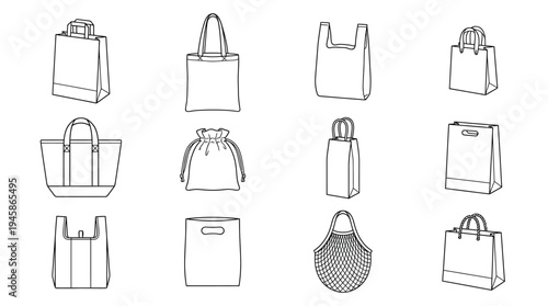 Shopping bag related line icon set. Paper market bag linear icons. Grocery bag outline vector signs and symbols collection.