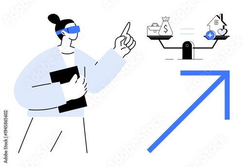 Financial decision making. Balance scale life priorities, finances, and health decisions. Financial decision making using futuristic technology. Perfect for fintech, health apps, education tools