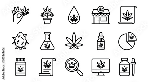 Cannabis related line icon set. Cannabidiol linear icons. Marijuanas outline vector signs and symbols collection.