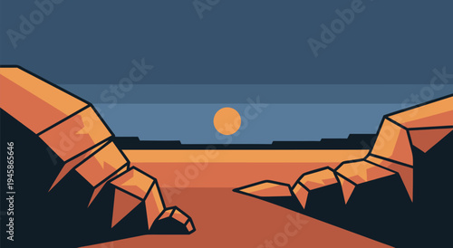 A minimalist vector illustration of a desert landscape at sunset, with rocky outcrops framing the scene