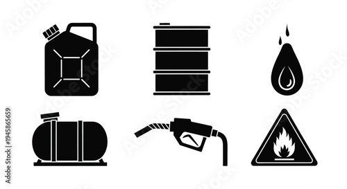Fuel containers nozzles and warning signs depicted in black silhouette