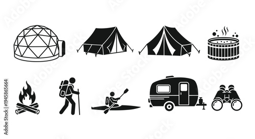 Camping icons including tents camper and activities black silhouette high quality