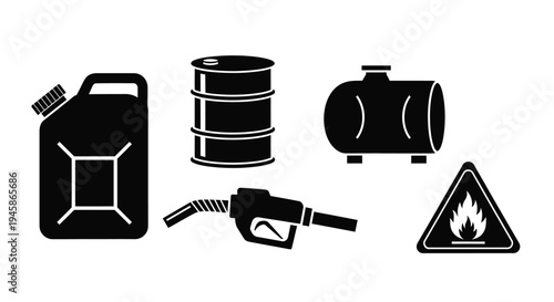 Black silhouettes of fuel containers a pump and a warning sign silhouette