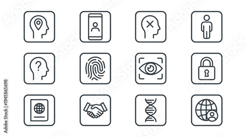 Set of security and identification line icons including fingerprint, eye scan, lock, DNA, passport and location