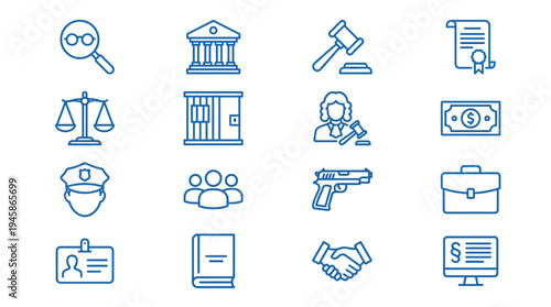 Law and Judgement line icons. Justice, Court of law and Government vector linear icon set.