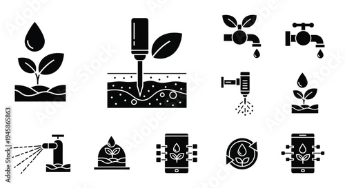 Agricultural icons depicting irrigation growth and technology in black silhouette