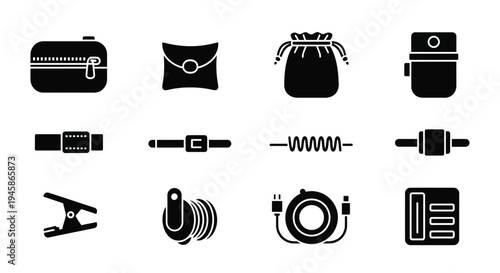 Various travel accessories and equipment depicted in a black silhouette
