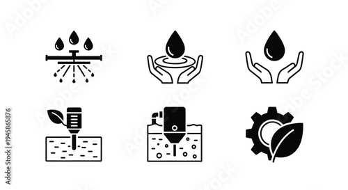 Water conservation icons depicting irrigation hands and plant growth silhouette