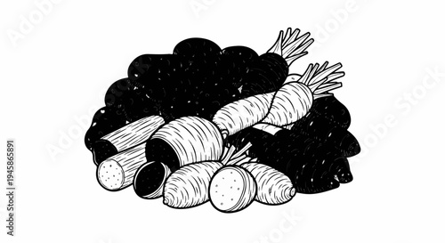 A black and white illustration of a pile of various root vegetables