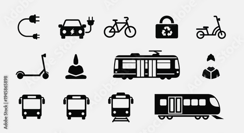 Collection of various transportation icons in black showcasing modern mobility silhouette