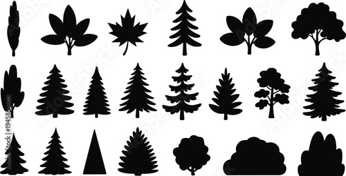 Collection of black silhouettes of various trees and leaves on a white background