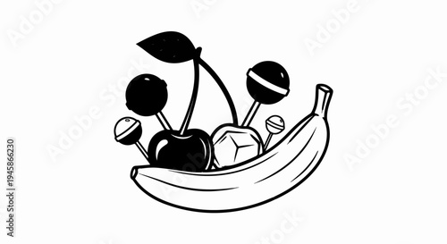 A black and white illustration of a banana with cherries and lollipops