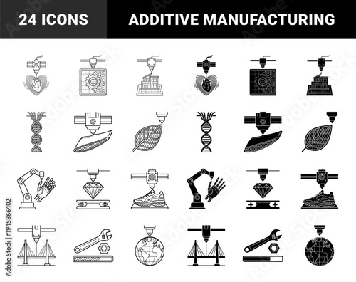 Collection of hybrid additive manufacturing symbols showing 3D printing of biological organs genetic structures architectural models and industrial components