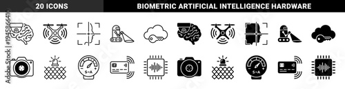 Biometric Security and Surveillance Hybrid Icons featuring AI Brain Cameras Robotic Patrols Cloud Keys Facial Recognition and Smart Credit Cards