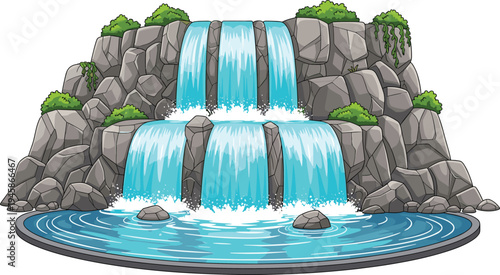 Waterfall landscape with rocks flowing water and pond nature scenery flat vector illustration isolated