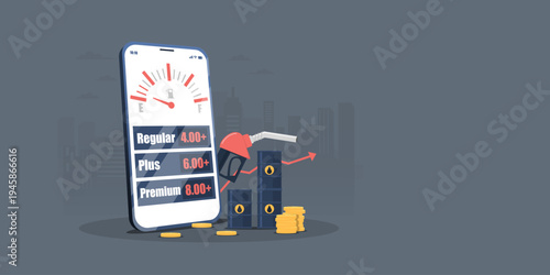 Smartphone displaying rising fuel prices for regular and premium gas, featuring oil barrels, gold coins, and a red growth arrow against a city silhouette background.