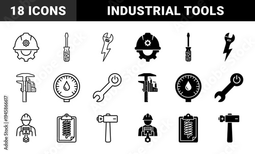 Hybrid industrial maintenance and engineering icons featuring screwdriver with circuit traces wrench with lightning bolt and calipers merged with factory building
