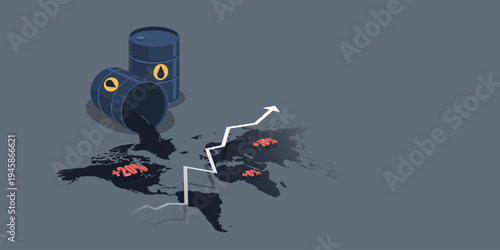An isometric infographic of oil barrels spilling onto a world map with a rising line graph and percentage increase labels, representing global fuel price inflation and energy crisis.