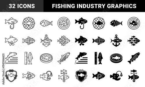 Hybrid aquatic life and fishing symbols featuring fish merged with anchors hooks nets magnifying glasses and temperature gauges in line and solid style
