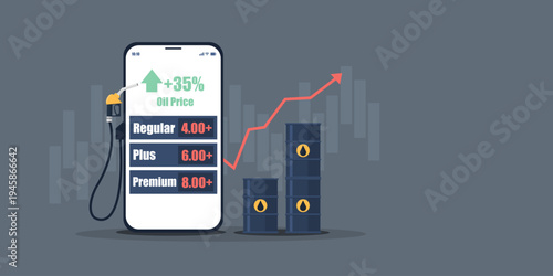 Flat infographic showing a 35% oil price hike on a smartphone screen, featuring a rising trend line, fuel pump nozzle, and oil barrels against a dark background.