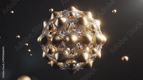 Abstract shimmering particles swirl and form geometric structure with golden balls slow motion