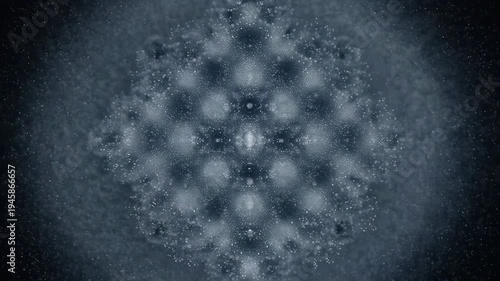 Abstract digital snowflake pattern rotates in hypnotic motion on dark background, ethereal glow