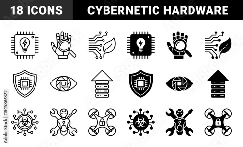Futuristic Hybrid Technology Icons Merging Cybernetic Components with Organic and Industrial Symbols for Advanced Data and Robotics Visuals