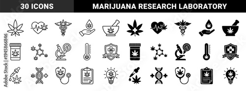 Medical cannabis and pharmaceutical research icons featuring hybrid designs of marijuana leaves merged with laboratory equipment and healthcare symbols