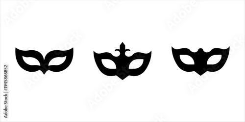 Set of minimalist masquerade mask icons, black silhouette of venetian carnival eye masks isolated on white background.