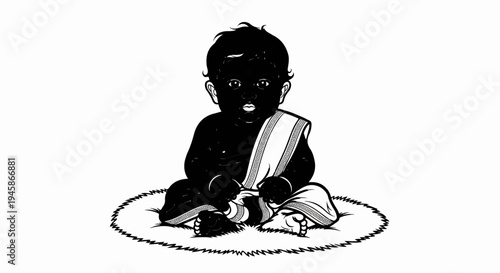 A black and white illustration of a baby sitting on a round rug
