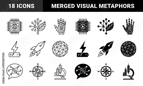 Hybrid conceptual icons merging technology with nature and science featuring bionic hands microchips rocket pens and microscope cityscapes