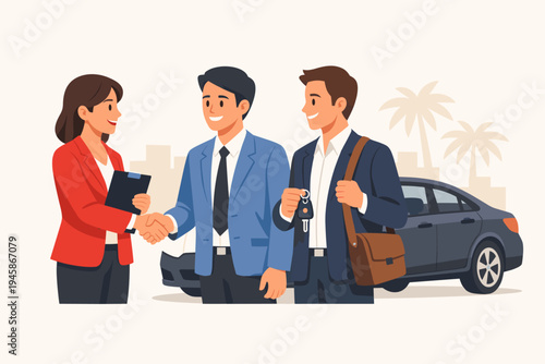 Professional female car dealer shaking hands with a businessman customer after a successful vehicle rental or purchase agreement, with a colleague holding car keys near a dark sedan car.