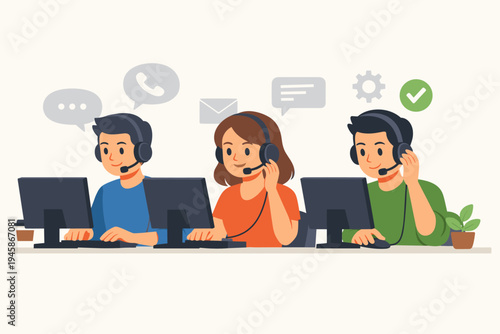 Professional Call Center Customer Service Support Team Working at Desks with Headsets and Computers, Agents Providing Assistance via Phone, Email, and Chat, Simple Flat Vector Illustration