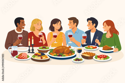 Group of diverse friends and family enjoying a festive banquet dinner with roasted turkey, wine, and side dishes around a table, simple flat vector illustration for holiday celebration and party.
