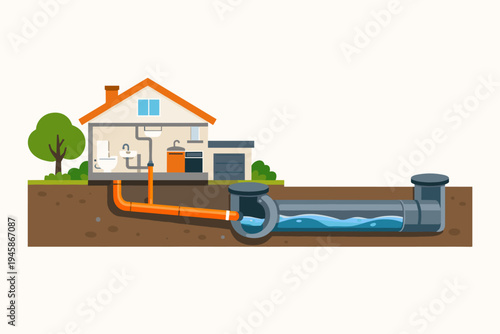 Flat Vector Illustration of a House with an Underground Sewerage System Connecting to a Public Main Sewer Pipe, Showing Internal Plumbing Fixtures like Toilet and Sink in a Detailed Cross Section