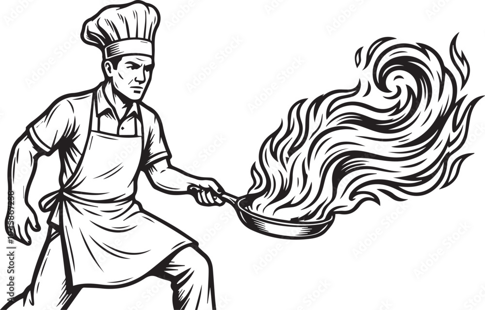 Naklejka premium Chef vector with hat, apron, frying pan, and dramatic flame culinary design