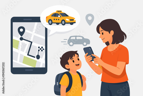 Mother and Son Using a Mobile App to Book a Taxi or Ride-Sharing Service on a Smartphone with a Map and Route, Yellow Cab Icon, Flat Vector Illustration of Family Travel and Transportation