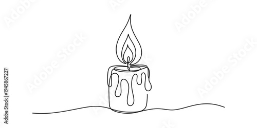 Continuous line art drawing of a lit candle with melting wax, symbolizing warmth and light Vector, illustration