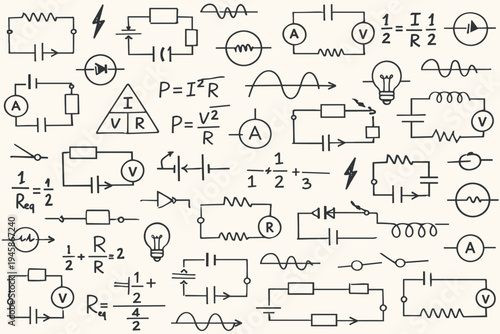 Hand Drawn Electrical Circuit Diagrams and Physics Formulas Seamless Pattern. Scientific Doodle Background with Resistors, Capacitors, Batteries, and Ohm's Law Equations for Engineering Education.