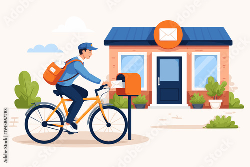 Flat Vector Illustration of a Postman Riding a Bicycle to Deliver Mail into a Mailbox in Front of a Post Office Building, Representing Professional Courier Service and Postal Delivery Work.