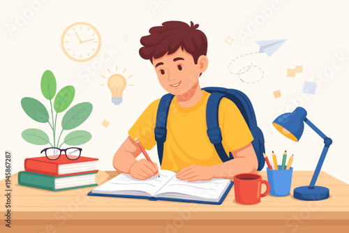 Flat Vector Illustration of a Diligent Young Male Student Sitting at a Desk Writing in a Notebook, Wearing a Yellow Shirt and Backpack, Surrounded by Books, Lamp, Plant, and Creative Icons.
