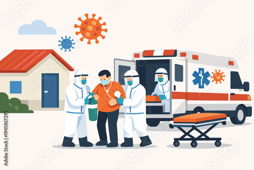 Medical Team in PPE Hazmat Suits Transporting COVID-19 Patient from Home to Ambulance, Emergency Healthcare Response During Global Pandemic Virus Outbreak, Flat Vector Illustration Concept