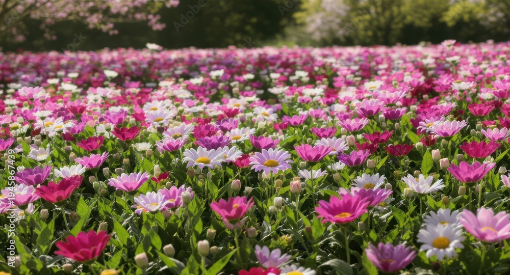 Obraz premium A vibrant field of pink and white daisies bathed in sunlight with blurred background foliage